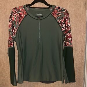 L.L. Bean Women's Olive Green and Floral Nylon Yoga/Fitness Top